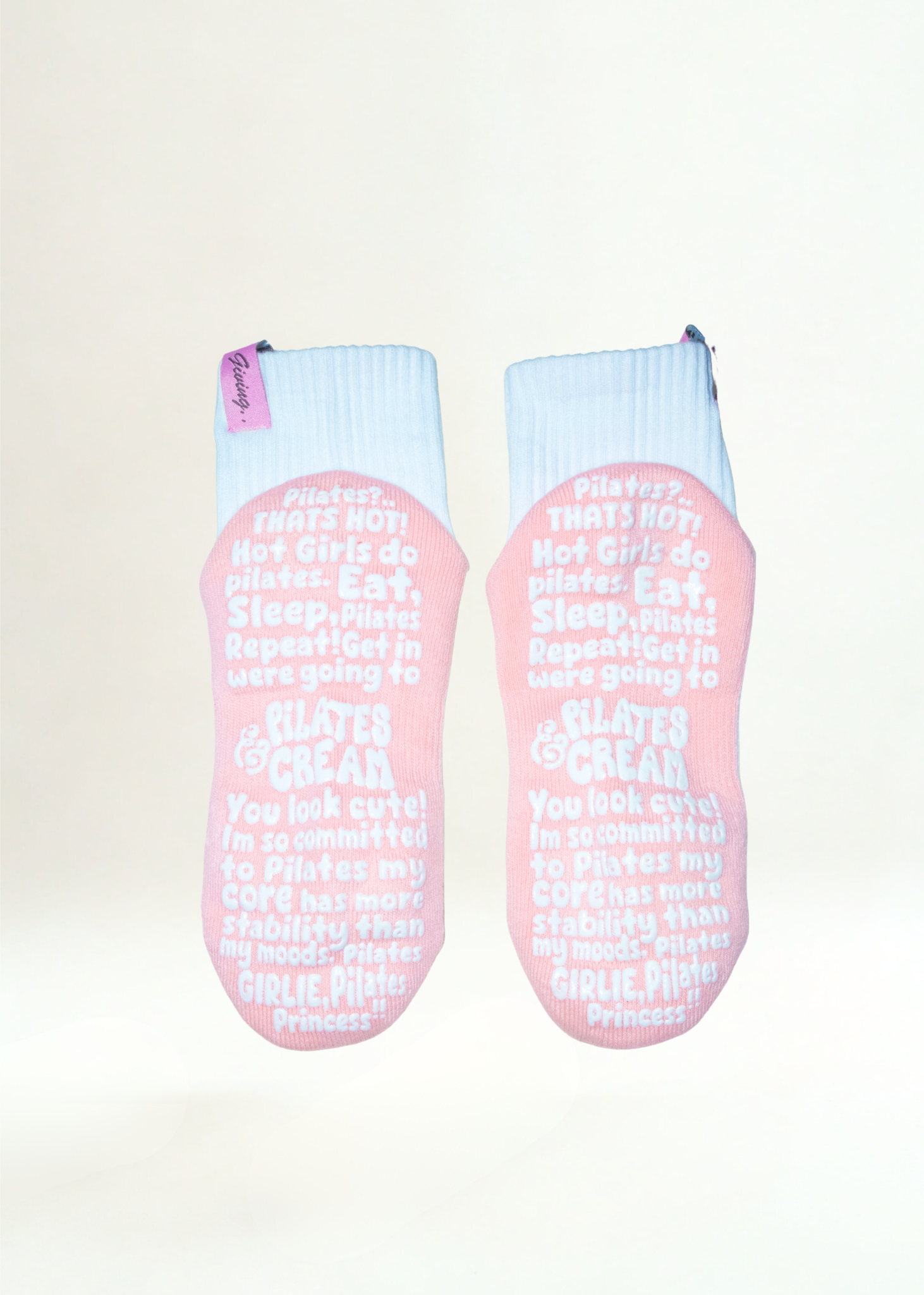 The Taylor white and pink Pilates grip socks — close-up detail by Pilates & Cream